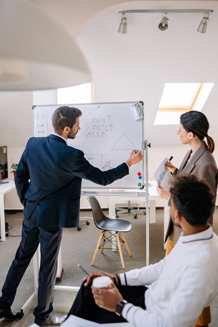 Office colleagues brainstorming and presenting ideas on a whiteboard for effective teamwork.